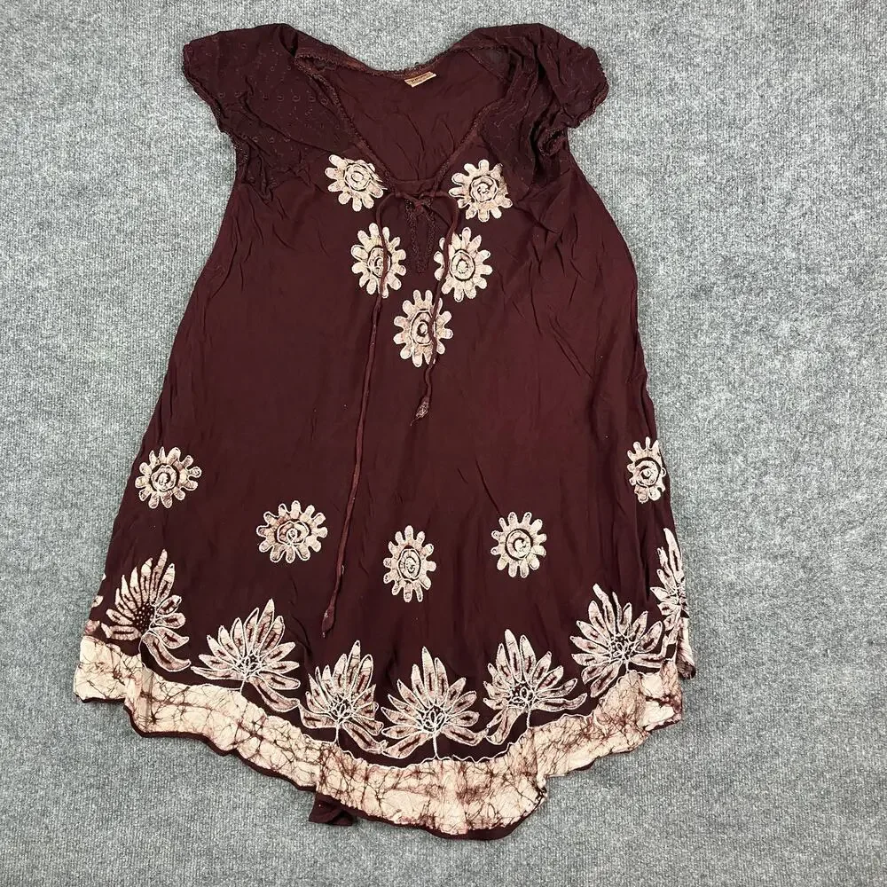 Palak Dress Womens Size M Burgundy‎ Viscose Floral Boho Casual Midi Cap Sleeve